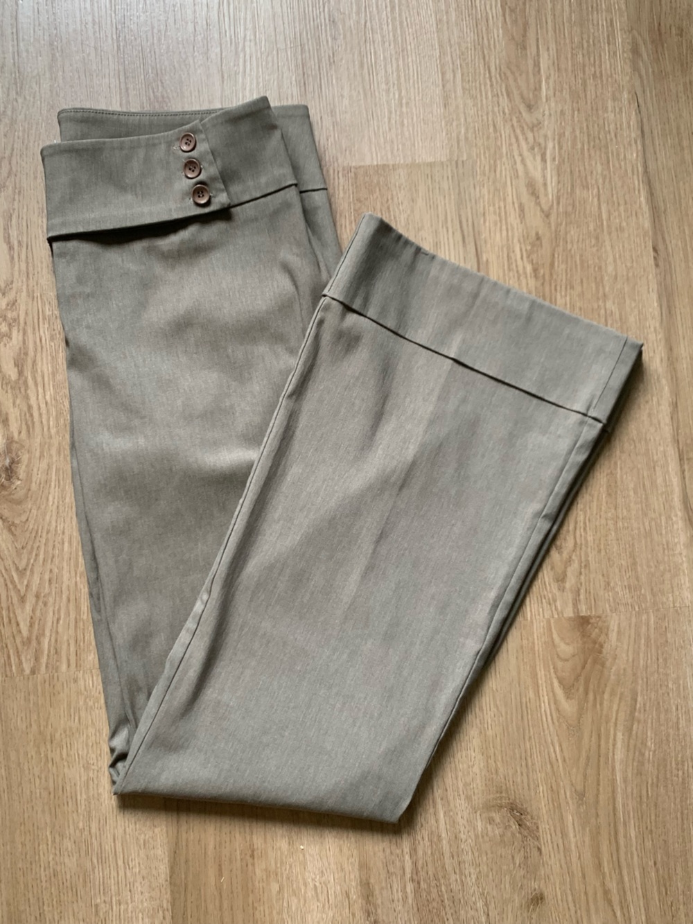Y2K Low Rise Flare Trouser Stretch Side Button Cuffed Hem Taupe Gray Brown Sz 10
